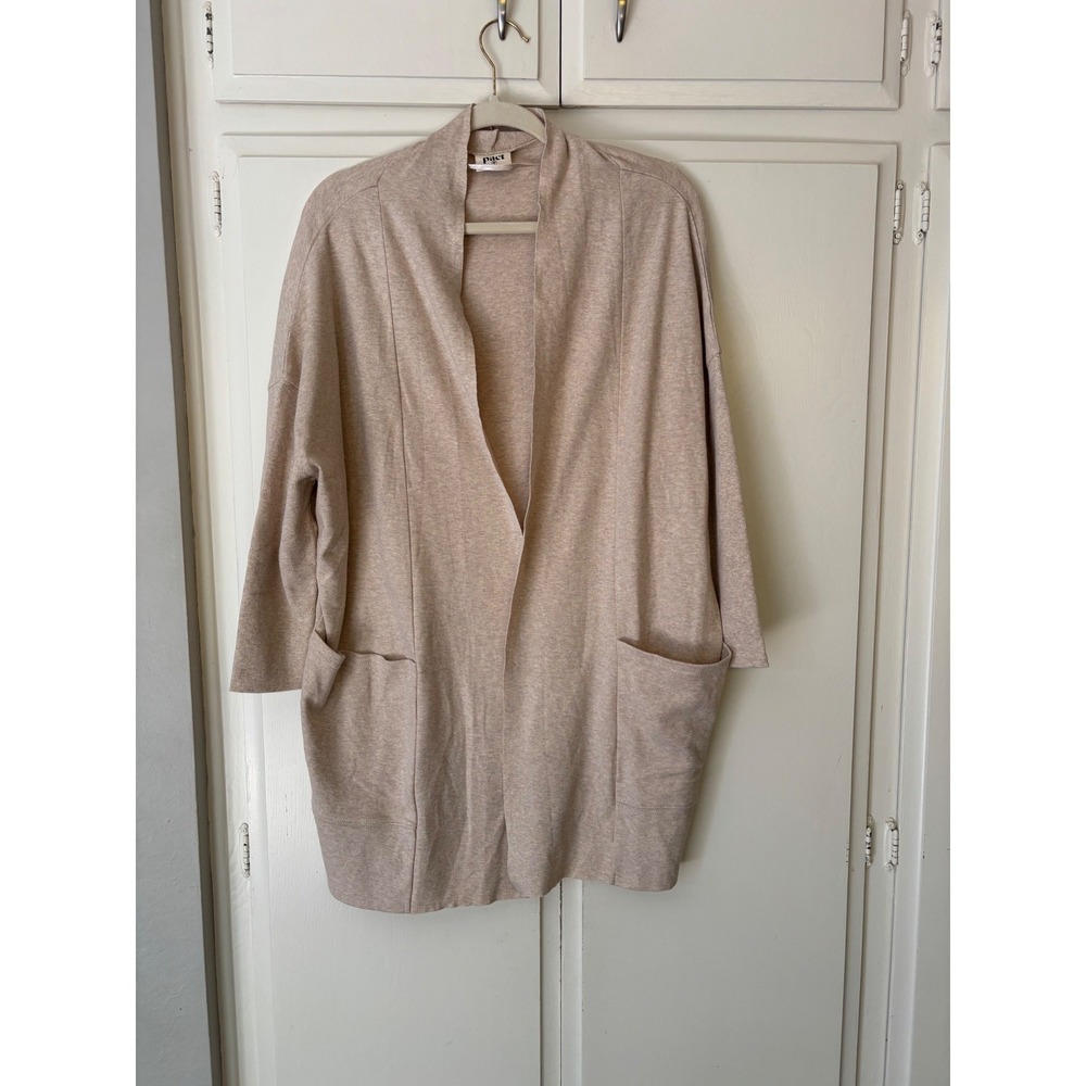 Pact Organic Cotton Open Front Cardigan Sweater Oatmeal Beige Oversized XS/S